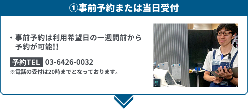 ①事前予約または当日受付